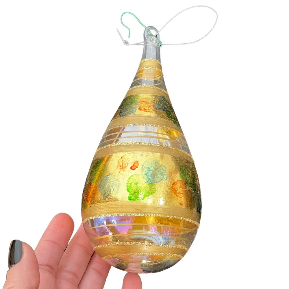 Blown Glass Ornament Large Teardrop Gold & Glitter Christmas Tree Decoration